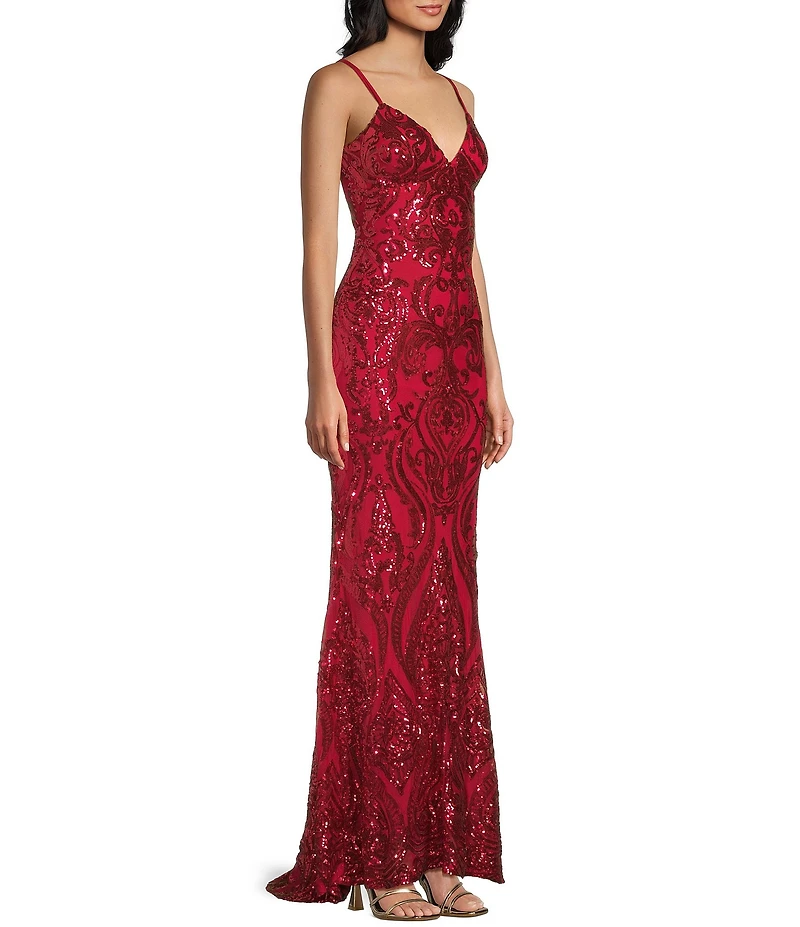 B. Darlin Sequin Pattern V-Neck Double Spaghetti Strap Lace Up Back Dress