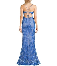 B. Darlin Sequin Pattern V-Neck Inset Corset Bodice Open Back Dress