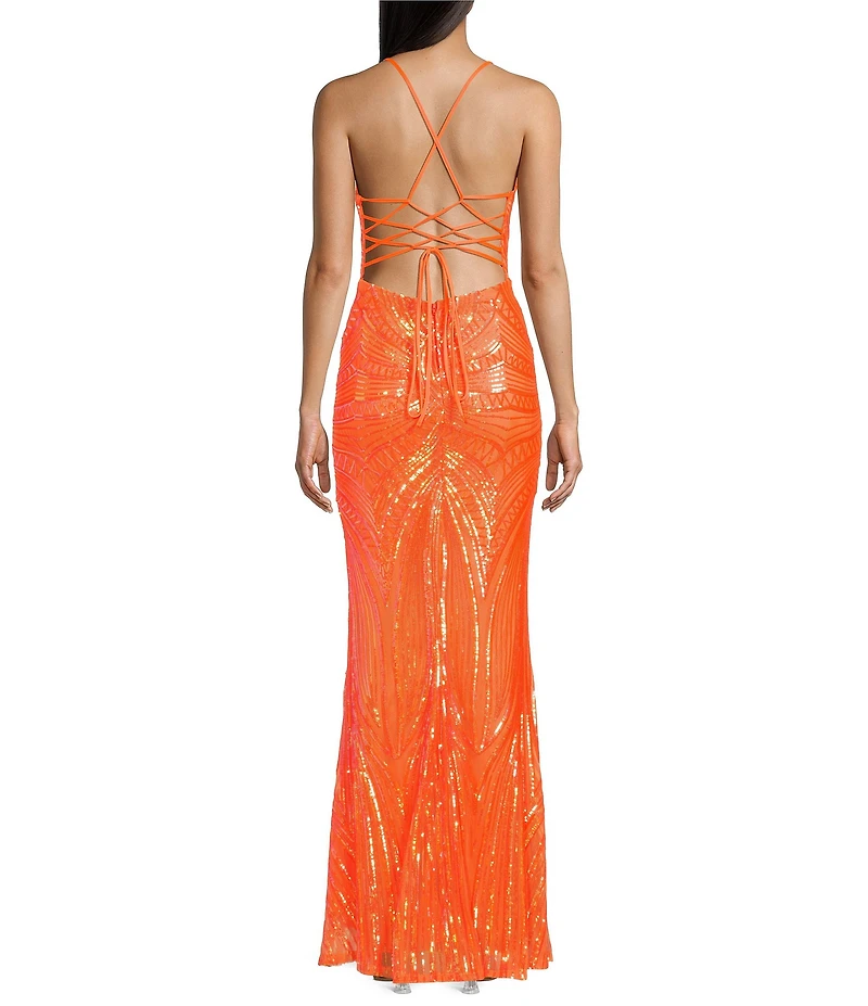 B. Darlin Sequin Pattern V-Neck Spaghetti Strap Lace Up Back Dress