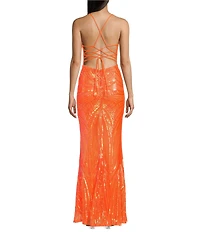 B. Darlin Sequin Pattern V-Neck Spaghetti Strap Lace Up Back Dress