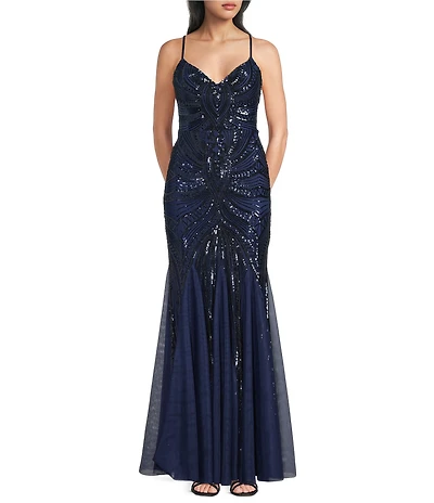 B. Darlin Sequin Sheer/Nude Pattern V-Neck Spaghetti Strap Lace Up Back Dress