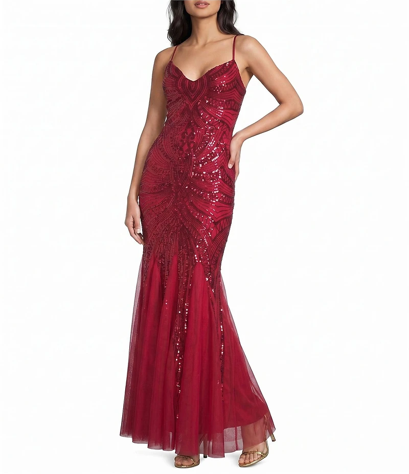 B. Darlin Sequin Sheer/Nude Pattern V-Neck Spaghetti Strap Lace Up Back Dress