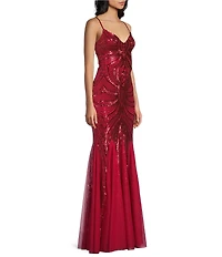 B. Darlin Sequin Sheer/Nude Pattern V-Neck Spaghetti Strap Lace Up Back Dress