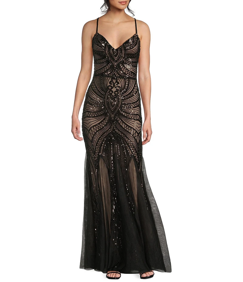 B. Darlin Sequin Sheer/Nude Pattern V-Neck Spaghetti Strap Lace Up Back Dress