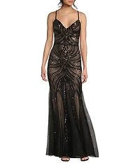 B. Darlin Sequin Sheer/Nude Pattern V-Neck Spaghetti Strap Lace Up Back Dress