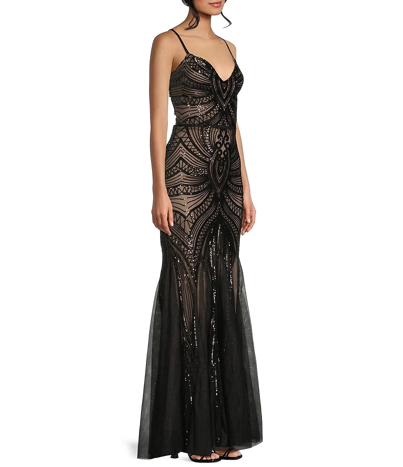 B. Darlin Sequin Sheer/Nude Pattern V-Neck Spaghetti Strap Lace Up Back Dress