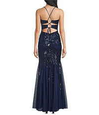 B. Darlin Sequin Sheer/Nude Pattern V-Neck Spaghetti Strap Lace Up Back Dress