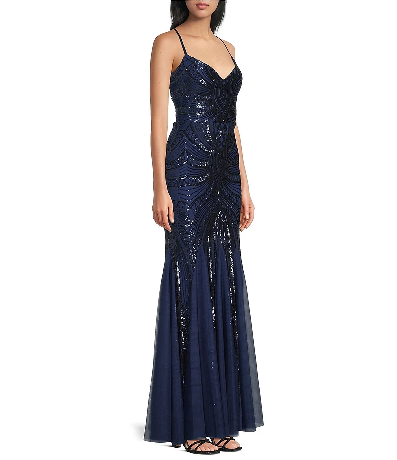 B. Darlin Sequin Sheer/Nude Pattern V-Neck Spaghetti Strap Lace Up Back Dress