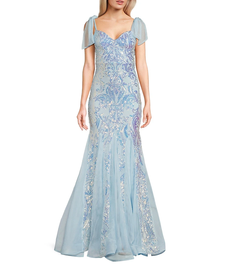 B. Darlin Sequin Pattern V-Neck Tie Shoulder Bustier Dress