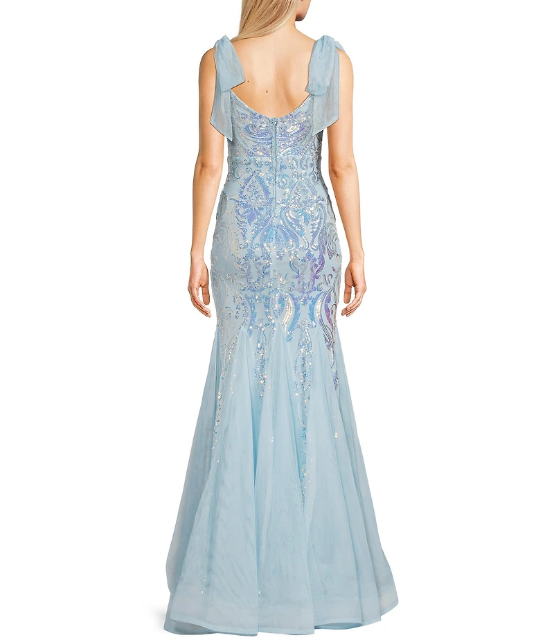 B. Darlin Sequin Pattern V-Neck Tie Shoulder Bustier Dress
