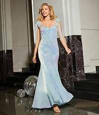 B. Darlin Sequin Pattern V-Neck Tie Shoulder Bustier Dress