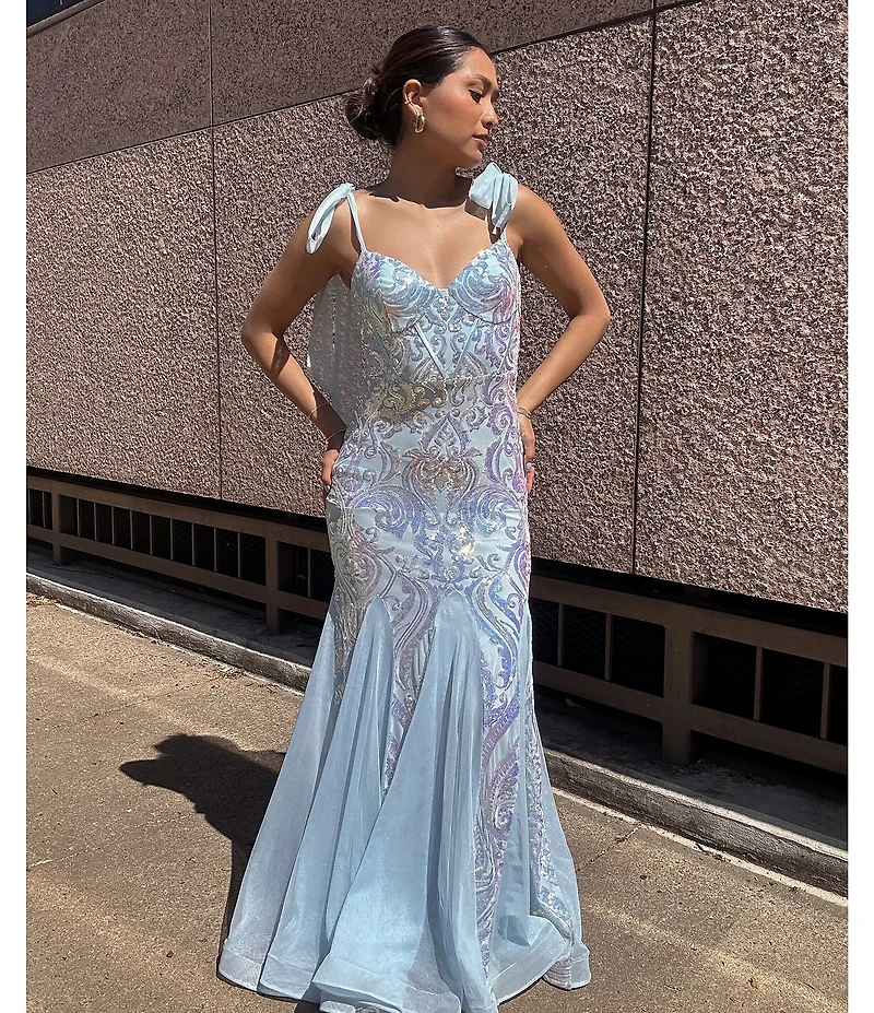 B. Darlin Sequin Pattern V-Neck Tie Shoulder Bustier Dress