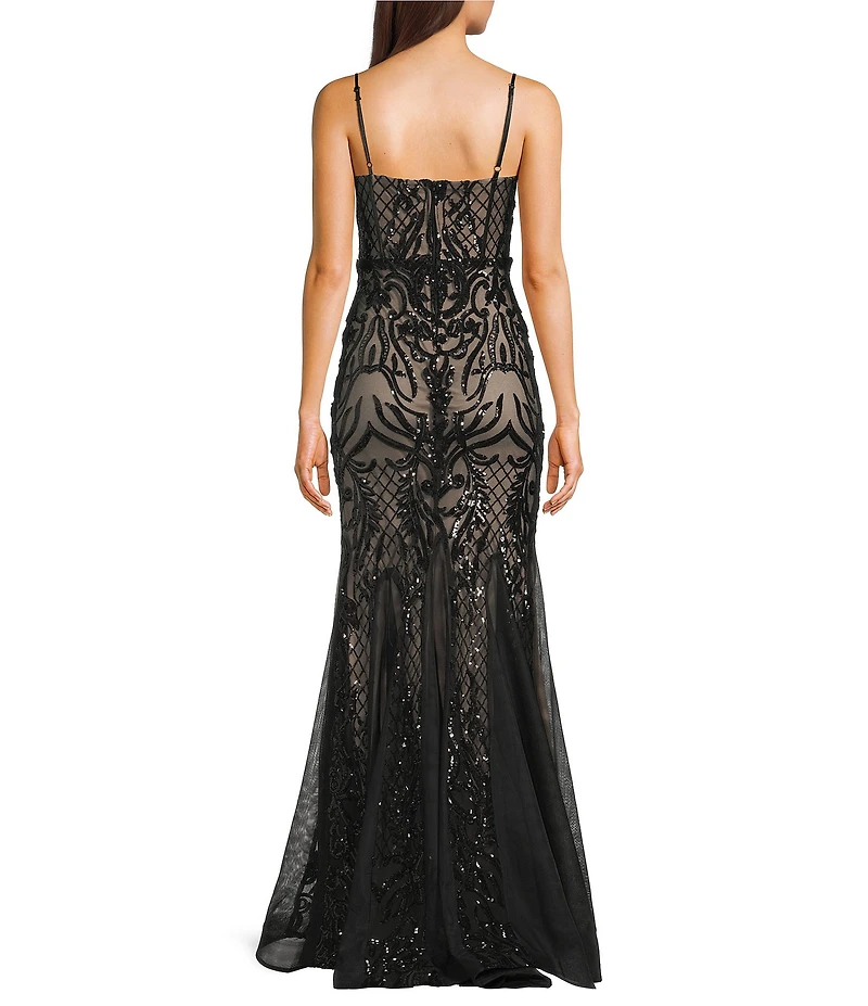 B. Darlin Sequin Patterned Mesh Sweetheart Neck Godet Inset Dress