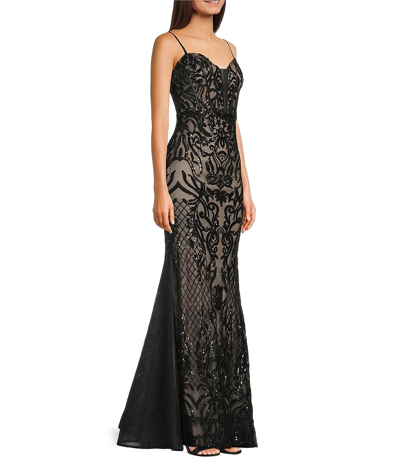 B. Darlin Sequin Patterned Mesh Sweetheart Neck Godet Inset Dress