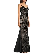 B. Darlin Sequin Patterned Mesh Sweetheart Neck Godet Inset Dress