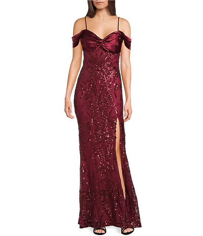 B. Darlin Sequin Patterned Off-The-Shoulder Sweetheart Neck Side Slit Dress