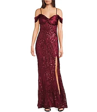 B. Darlin Sequin Patterned Off-The-Shoulder Sweetheart Neck Side Slit Dress