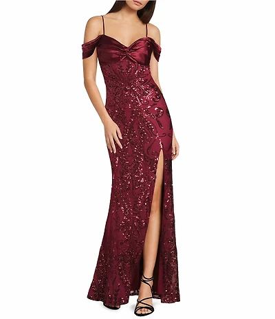 B. Darlin Sequin Patterned Off-The-Shoulder Sweetheart Neck Side Slit Dress