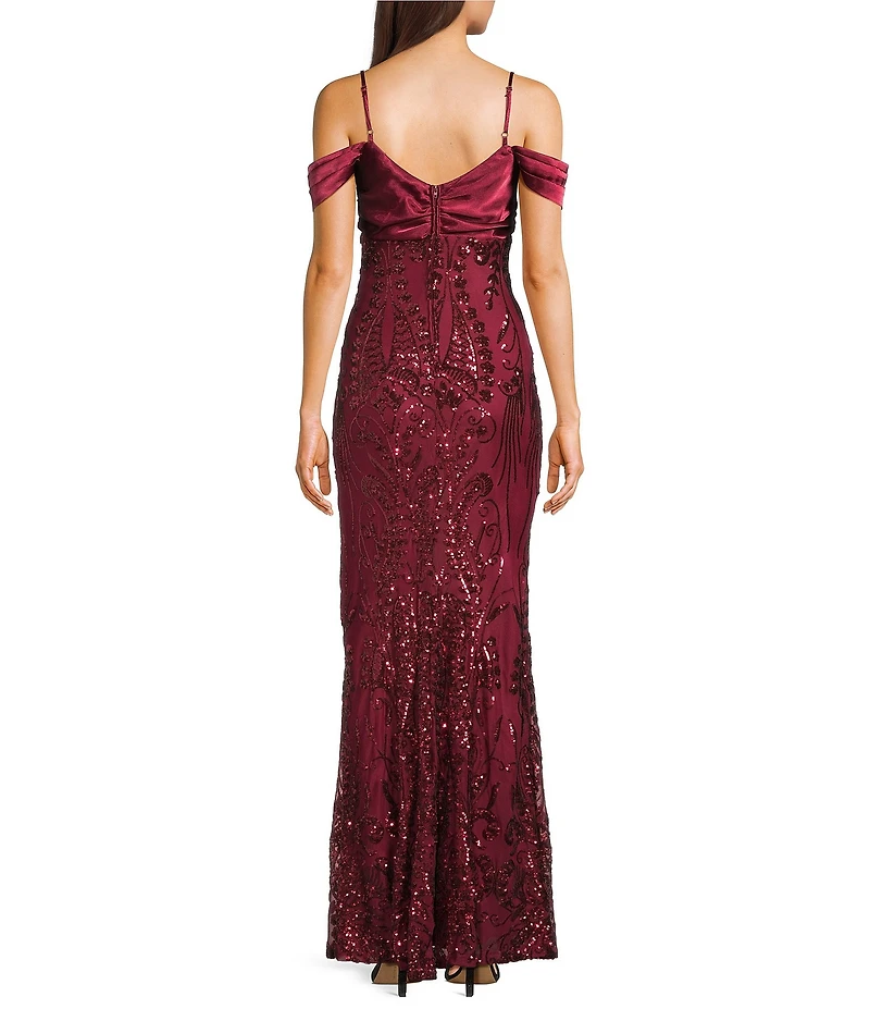 B. Darlin Sequin Patterned Off-The-Shoulder Sweetheart Neck Side Slit Dress