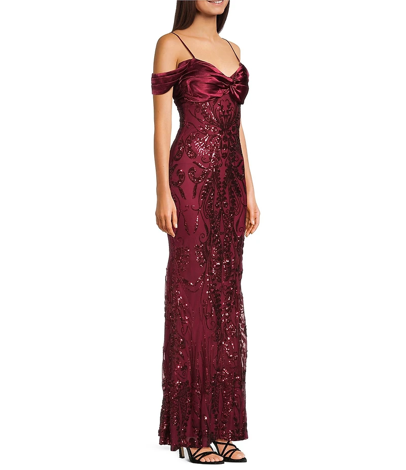 B. Darlin Sequin Patterned Off-The-Shoulder Sweetheart Neck Side Slit Dress