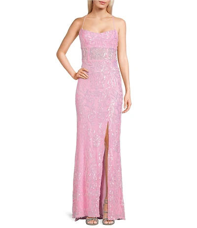 B. Darlin Sequin Patterned Scoop Neck Illusion Bodice Side Slit Lace Up Back Dress