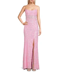 B. Darlin Sequin Patterned Scoop Neck Illusion Bodice Side Slit Lace Up Back Dress