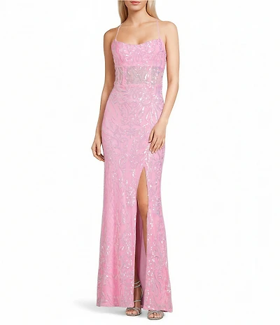 B. Darlin Sequin Patterned Scoop Neck Illusion Bodice Side Slit Lace Up Back Dress