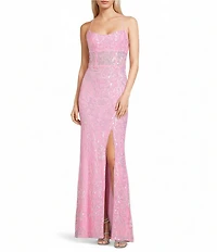 B. Darlin Sequin Patterned Scoop Neck Illusion Bodice Side Slit Lace Up Back Dress