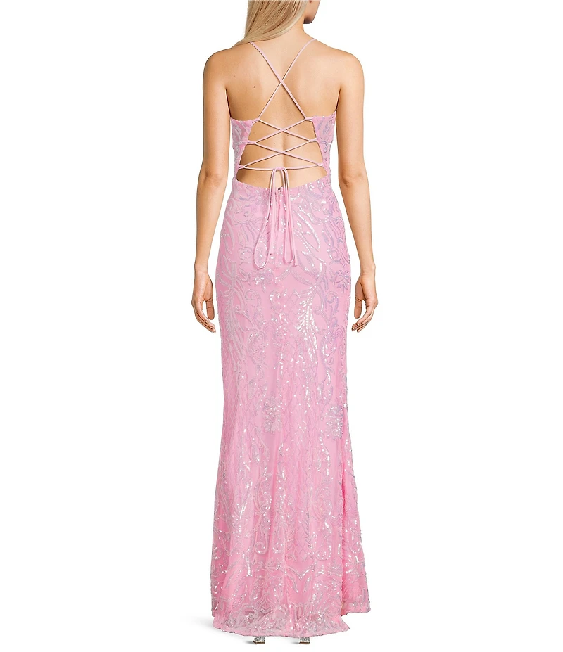 B. Darlin Sequin Patterned Scoop Neck Illusion Bodice Side Slit Lace Up Back Dress