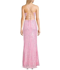 B. Darlin Sequin Patterned Scoop Neck Illusion Bodice Side Slit Lace Up Back Dress