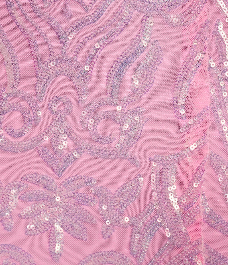 B. Darlin Sequin Patterned Scoop Neck Illusion Bodice Side Slit Lace Up Back Dress