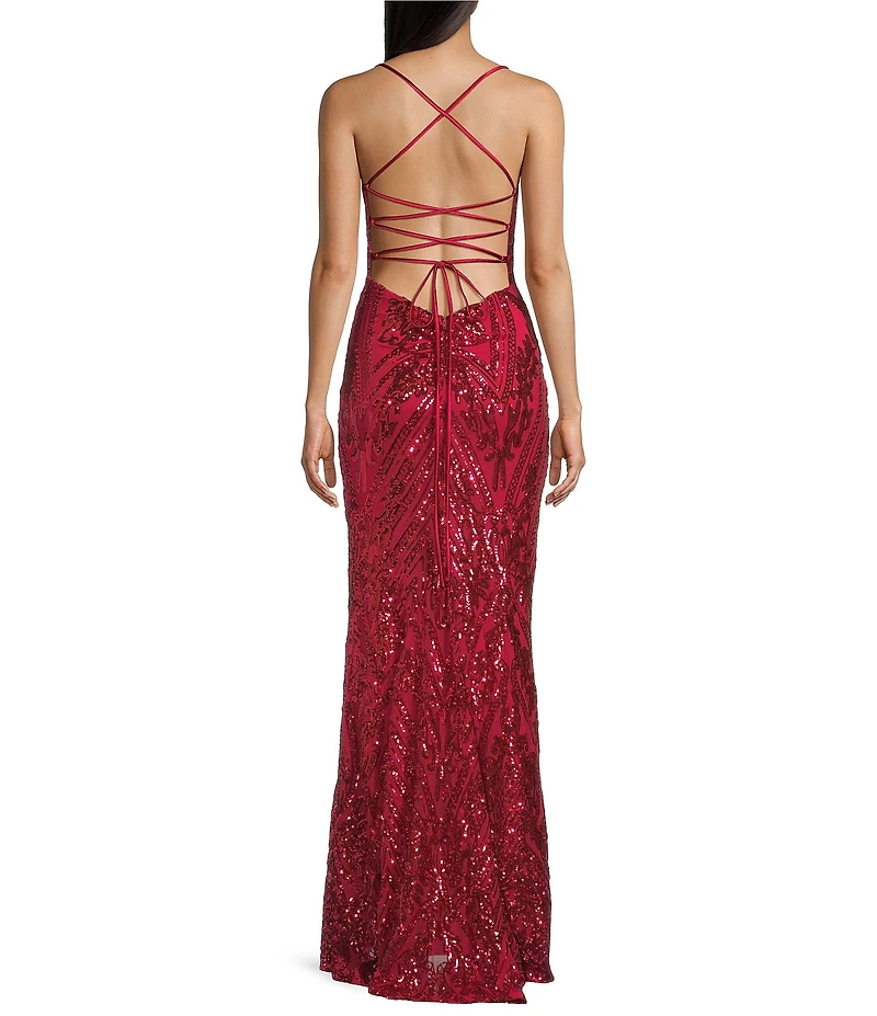 B. Darlin Sequin Patterned Scoop Neck Lace Up Back Dress