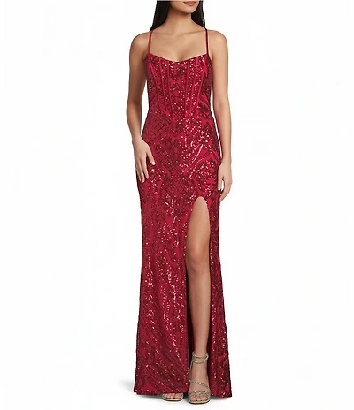 B. Darlin Sequin Patterned Scoop Neck Lace Up Back Dress