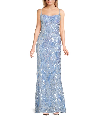 B. Darlin Sequin Patterned Square Neck Lace Up Back Mermaid Long Dress