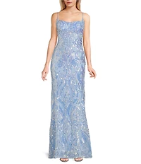 B. Darlin Sequin Patterned Square Neck Lace Up Back Mermaid Long Dress