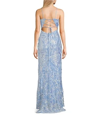 B. Darlin Sequin Patterned Square Neck Lace Up Back Mermaid Long Dress