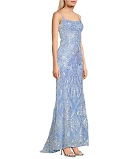 B. Darlin Sequin Patterned Square Neck Lace Up Back Mermaid Long Dress