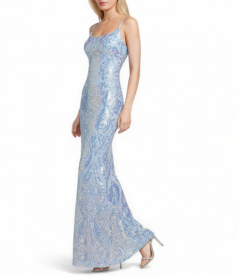 B. Darlin Sequin Patterned Square Neck Lace Up Back Mermaid Long Dress