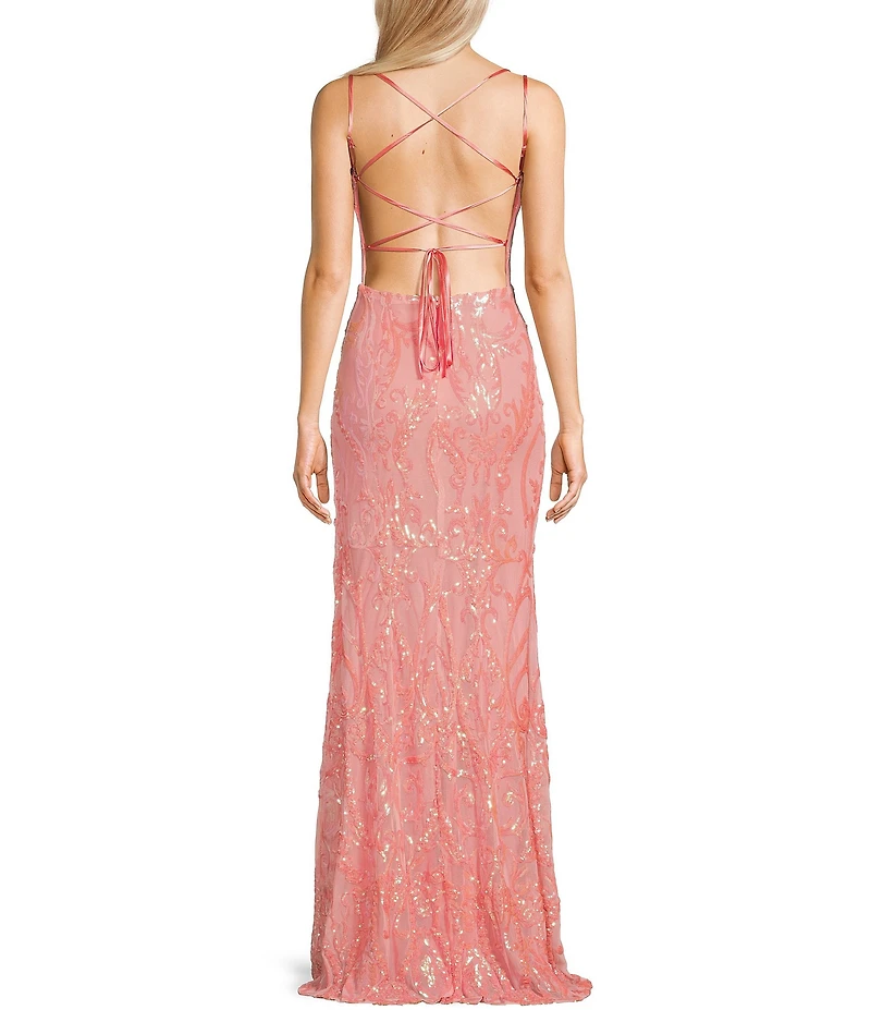 B. Darlin Sequin Patterned Straight Neck Double Spaghetti Strap Lace Up Back Dress