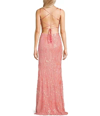B. Darlin Sequin Patterned Straight Neck Double Spaghetti Strap Lace Up Back Dress