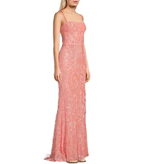 B. Darlin Sequin Patterned Straight Neck Double Spaghetti Strap Lace Up Back Dress