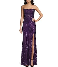 B. Darlin Sequin Patterned Strapless Corseted Lace Up Back Side Slit Dress