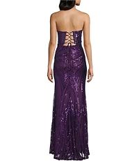 B. Darlin Sequin Patterned Strapless Corseted Lace Up Back Side Slit Dress