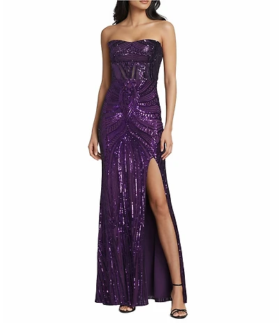 B. Darlin Sequin Patterned Strapless Corseted Lace Up Back Side Slit Dress