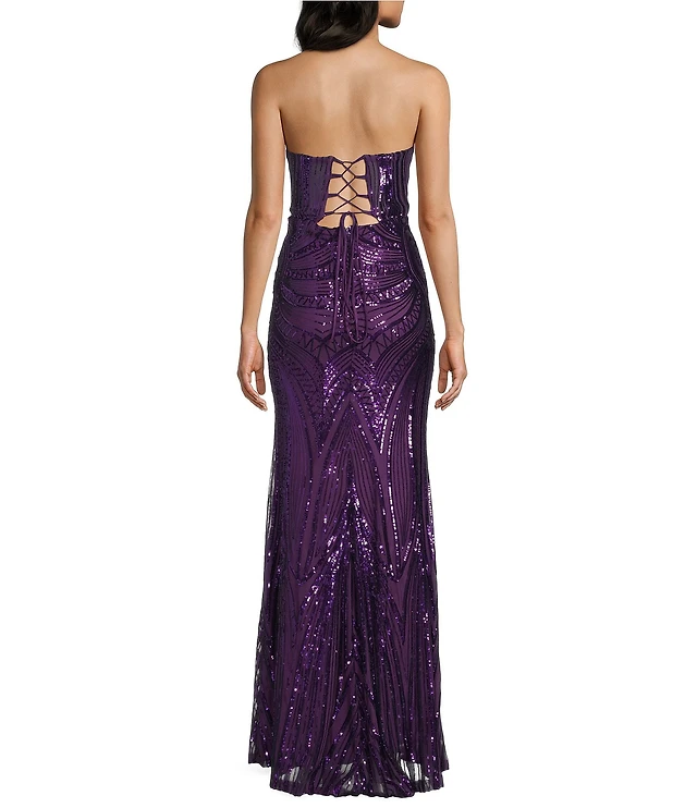 B. Darlin Sequin Patterned Strapless Corseted Lace Up Back Side Slit Dress  | Liberty Center