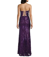 B. Darlin Sequin Patterned Strapless Corseted Lace Up Back Side Slit Dress