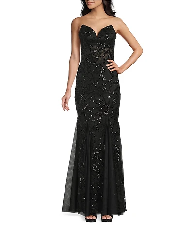 B. Darlin Sequin Patterned Strapless V-Neck Illusion Corseted Bodice Long Dress