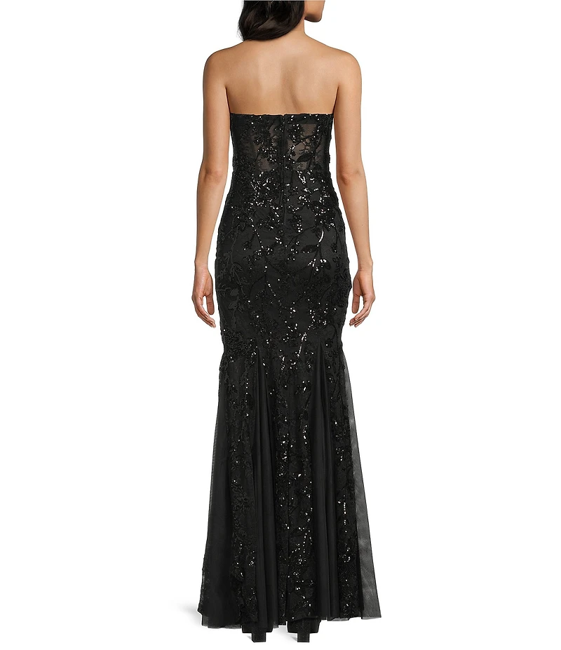 B. Darlin Sequin Patterned Strapless V-Neck Illusion Corseted Bodice Long Dress
