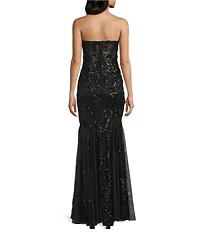 B. Darlin Sequin Patterned Strapless V-Neck Illusion Corseted Bodice Long Dress