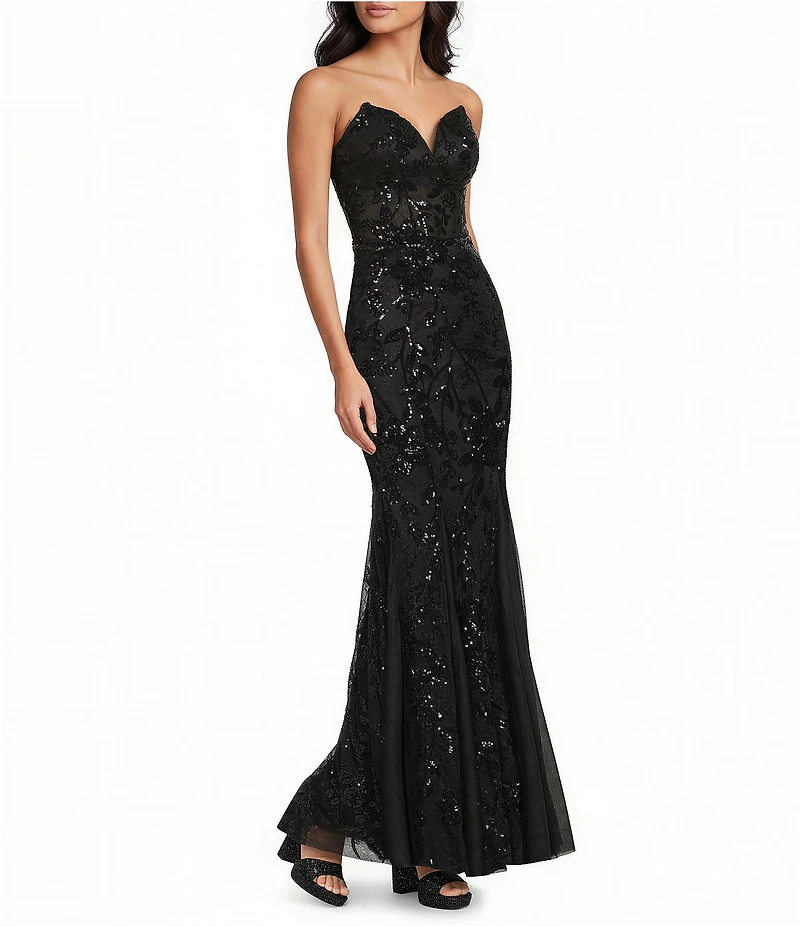 B. Darlin Sequin Patterned Strapless V-Neck Illusion Corseted Bodice Long Dress